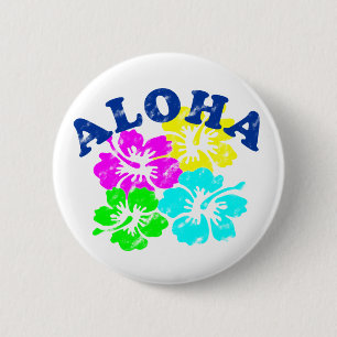 Aloha Vintage Pinback Button Pink Yellow GreenBlue