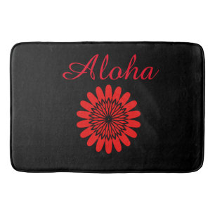 Aloha Welcome Tropical Hawaiian Floral Red Black Bath Mat