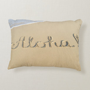 Aloha word sign on the beach sand accent pillow