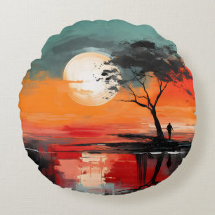 Alone by the Lake – Solitude at Sunset Round Pillow
