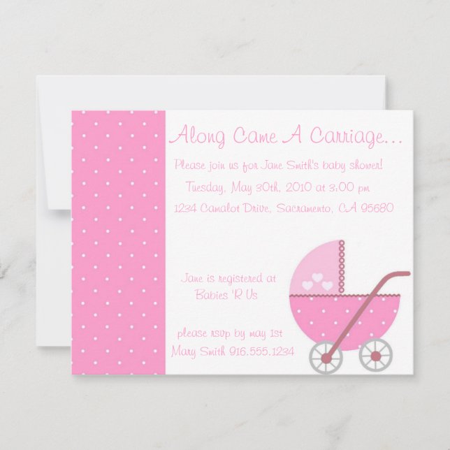 Along Came A Carriage Pink Baby Shower Invitation (Front)