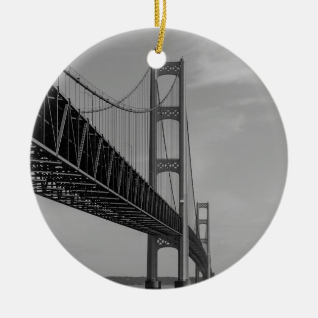 Along Mackinac Bridge Grayscale Ceramic Ornament (Front)