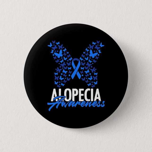 Alopecia Awareness Blue Ribbon Butterfly Alopecia  2 Inch Round Button (Front)