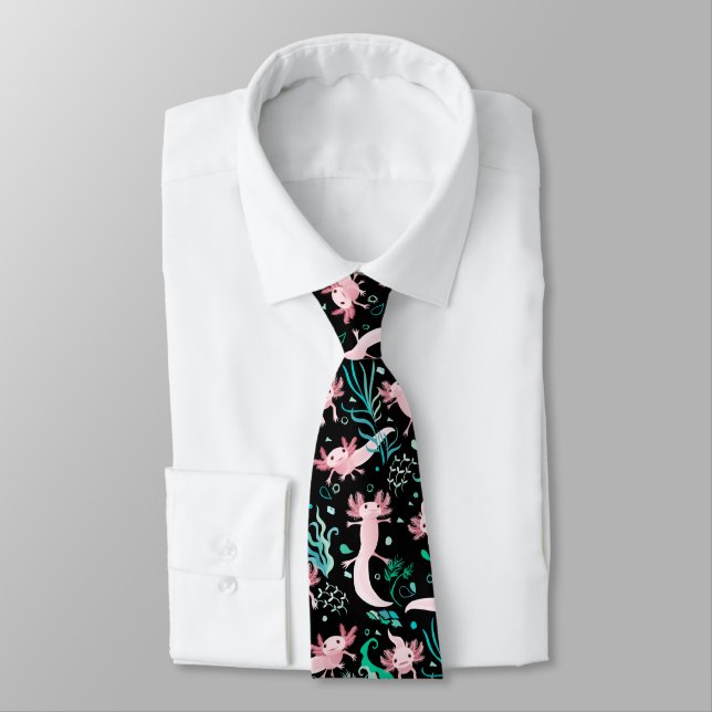Alotta Pink Axolotls on Black Neck Tie (Tied)