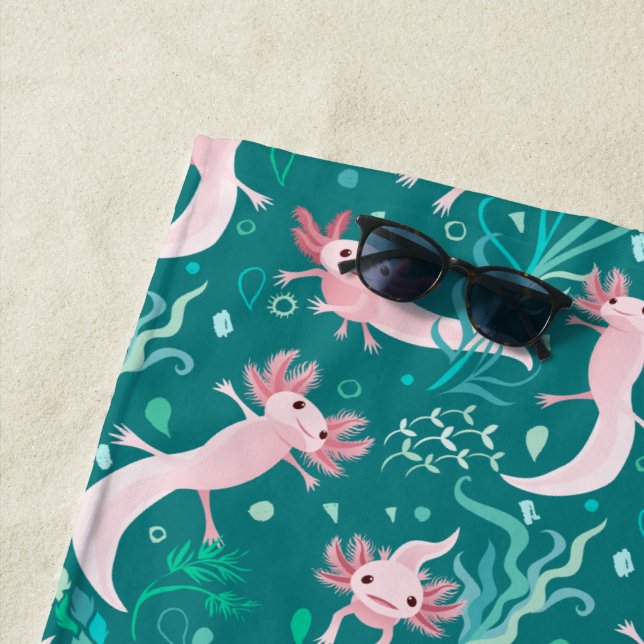 Alotta Pink Axolotls on Teal Beach Towel (In Situ)