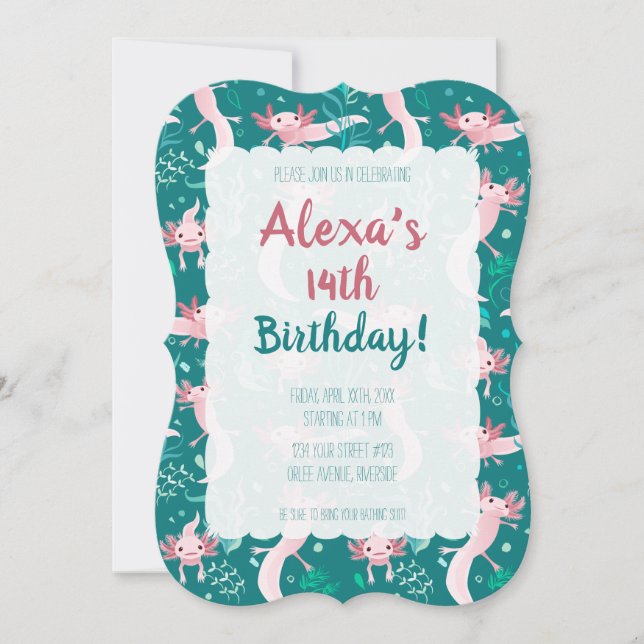 Alotta Pink Axolotls on Teal Invitation (Front)