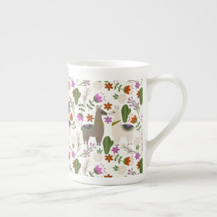 Alpaca Cactus Floral Pattern Animal Lover Bone China Mug