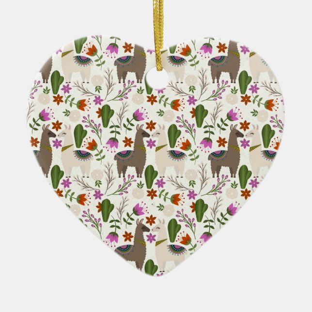 Alpaca Cactus Floral Pattern Animal Lover Ceramic Ornament (Front)