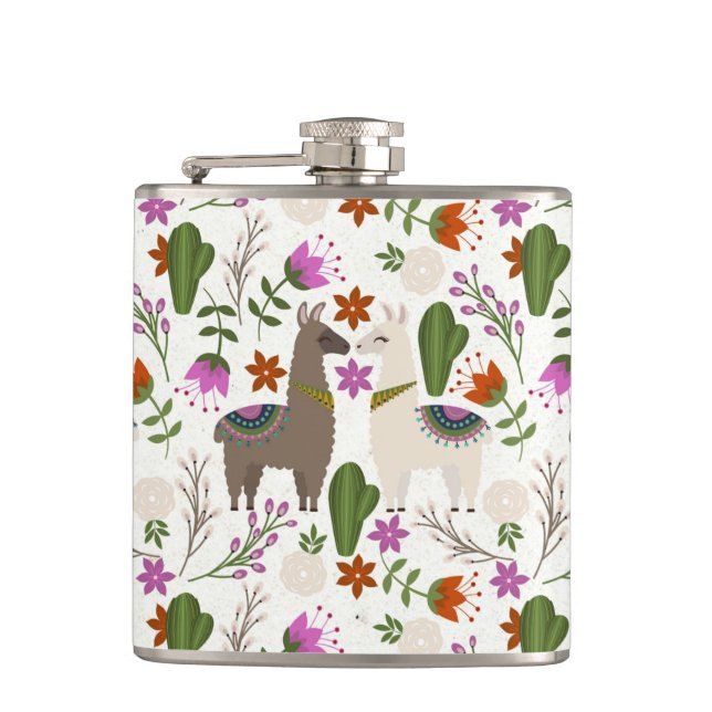Alpaca Cactus Floral Pattern Animal Lover Hip Flask (Front)