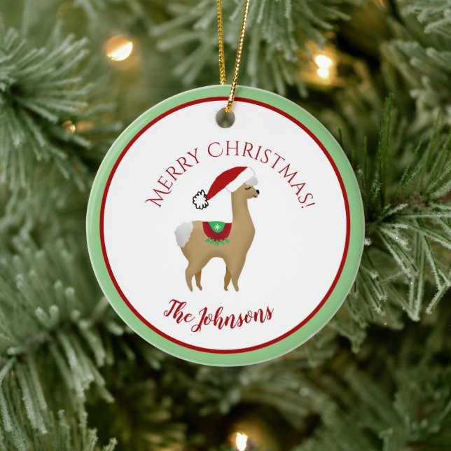 Alpaca Christmas Round Ceramic Ornament (Tree)