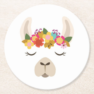 Alpaca & Flowers Pattern Round Paper Coaster