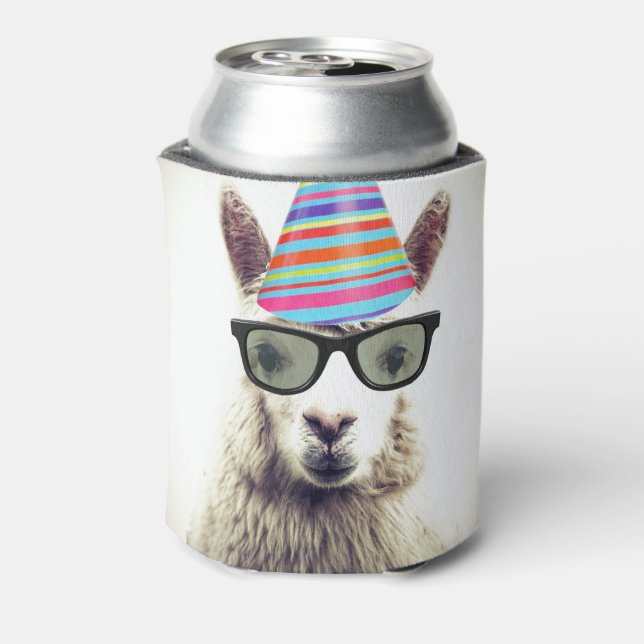 Alpaca in Glasses and Party Hat Can Cooler (Can Back)