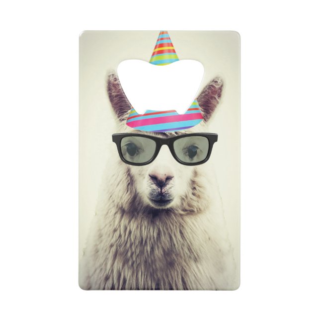 Alpaca in Glasses and Party Hat Credit Card Bottle Opener (Front)