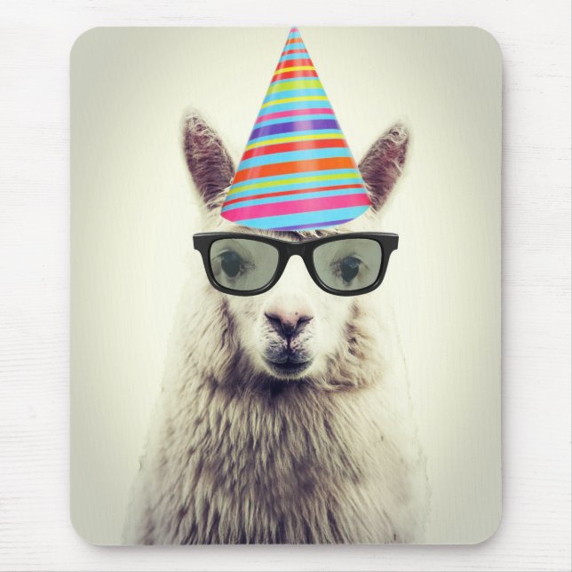 Alpaca in Glasses and Party Hat Mouse Pad (Front)