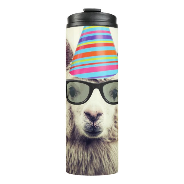 Alpaca in Glasses and Party Hat Thermal Tumbler (Front)
