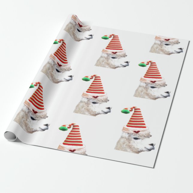 Alpaca in Santa hat Christmas Wrapping Paper (Unrolled)