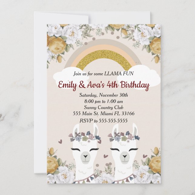 Alpaca Llama Twins Kids Birthday Invitation (Front)