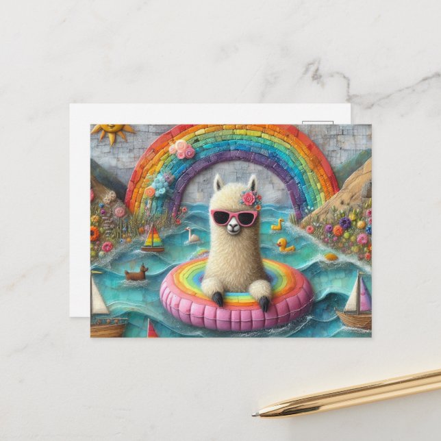 Alpaca on a Rainbow Colour Float Postcard (Front/Back In Situ)