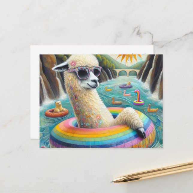 Alpaca on a Rainbow Colour Float Postcard (Front/Back In Situ)