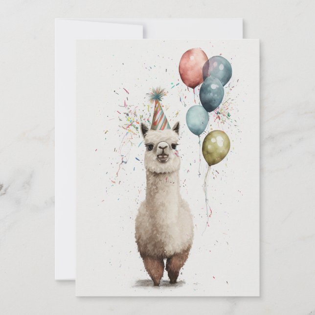 Alpaca Party Hat and Balloons Flat Greeting Card (Front)