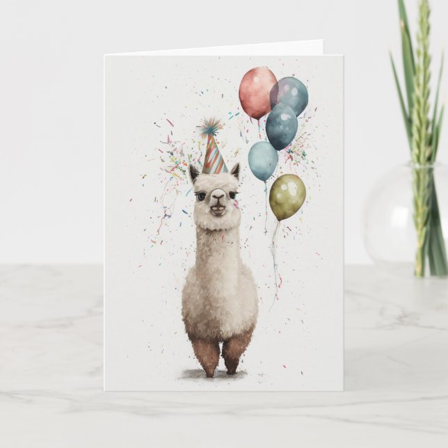Alpaca Party Hat and Balloons Folded Greeting Card (Front)