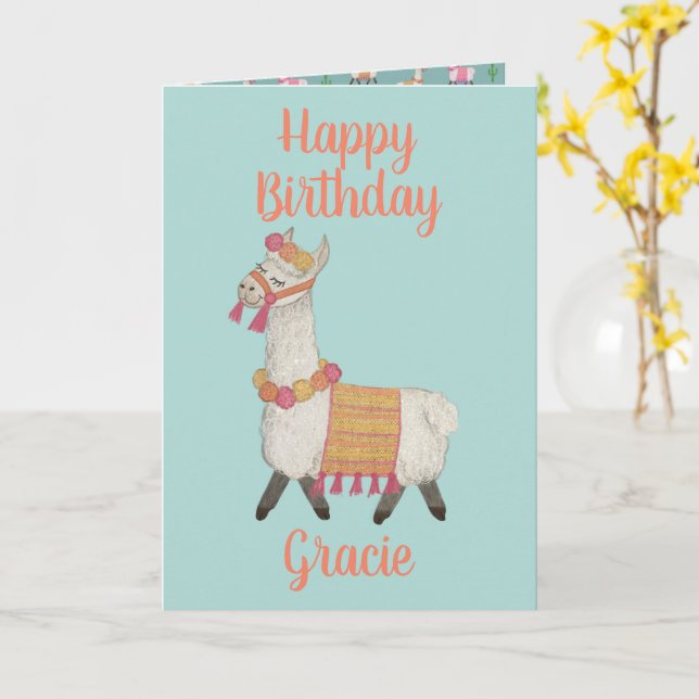Alpaca personalized name Birthday Card  (Yellow Flower)