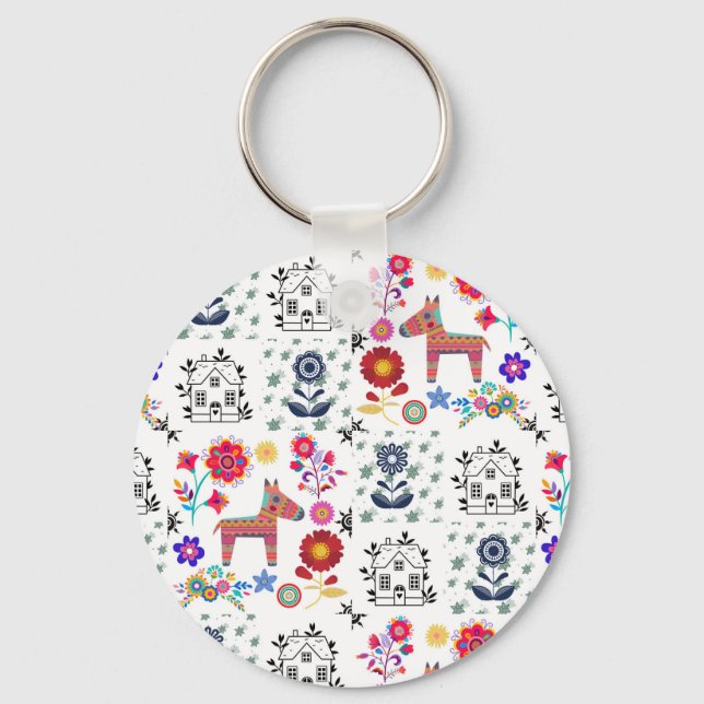 Alpaca Pinata With Blue House and Flowers Keychain (Front)