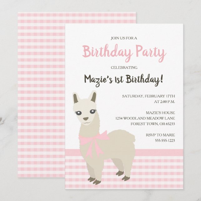 Alpaca Pink Birthday Party Invitation (Front/Back)