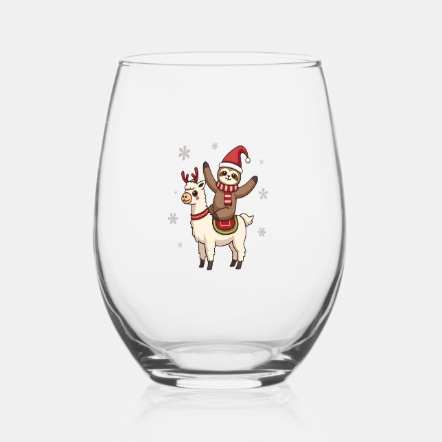 Alpaca Sloth Christmas (1) Stemless Wine Glass (Front)