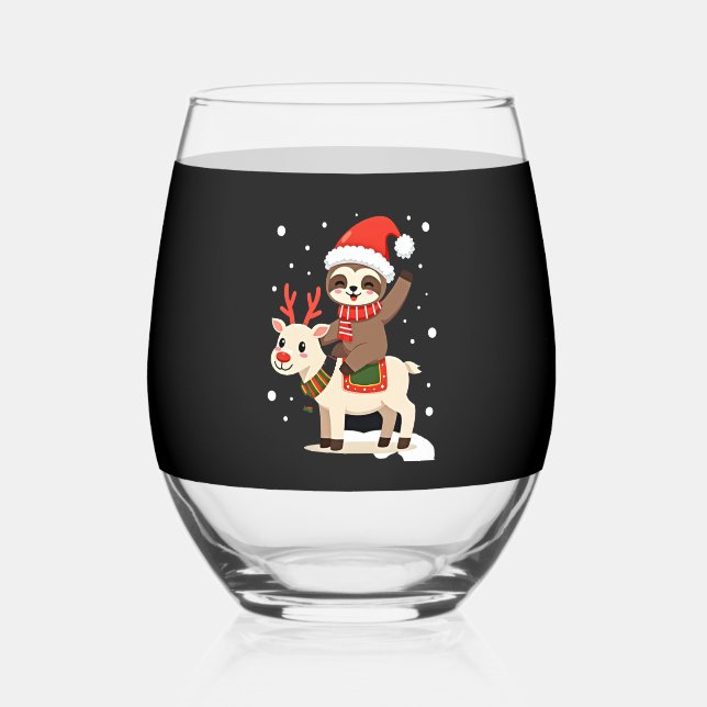 Alpaca Sloth Christmas (3) Stemless Wine Glass (Front)