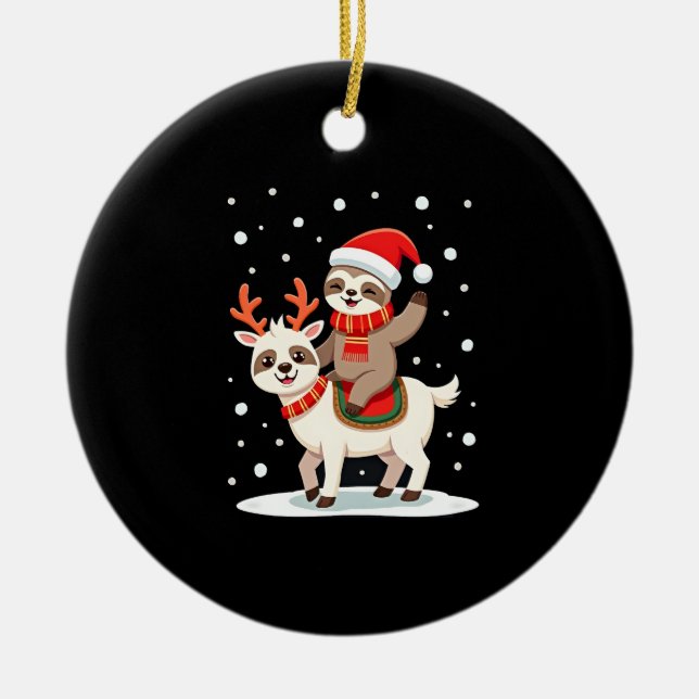 Alpaca Sloth Christmas (4) Ceramic Ornament (Front)
