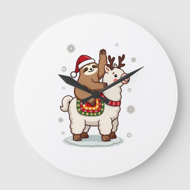 Alpaca Sloth Christmas Large Clock (Front)