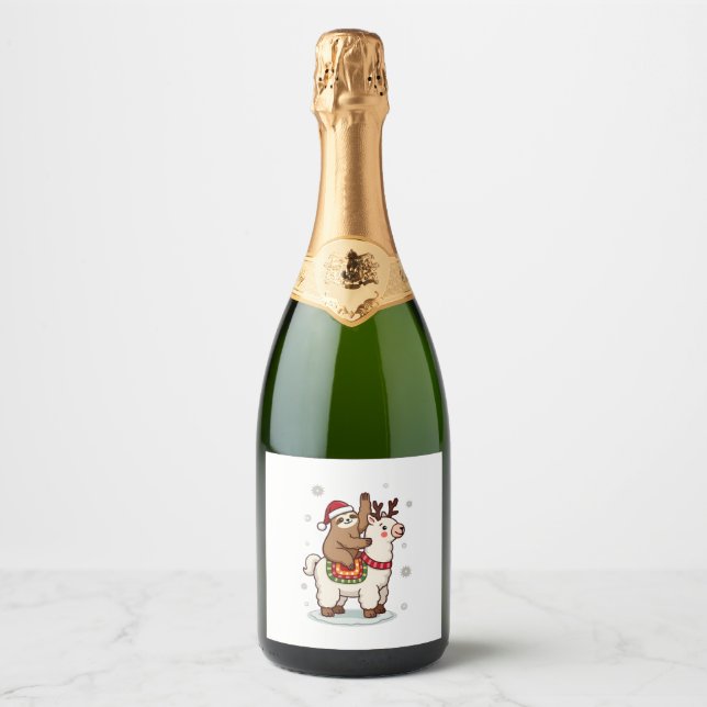 Alpaca Sloth Christmas Sparkling Wine Label (Front)