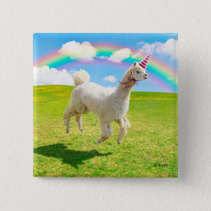 Alpaca Unicorn Under Rainbow Sky 2 Inch Square Button