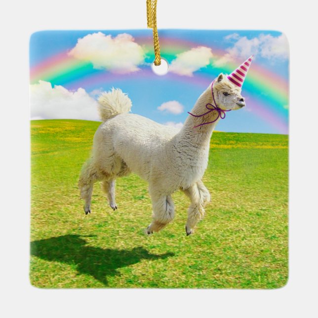 Alpaca Unicorn Under Rainbow Sky Ceramic Ornament (Front)