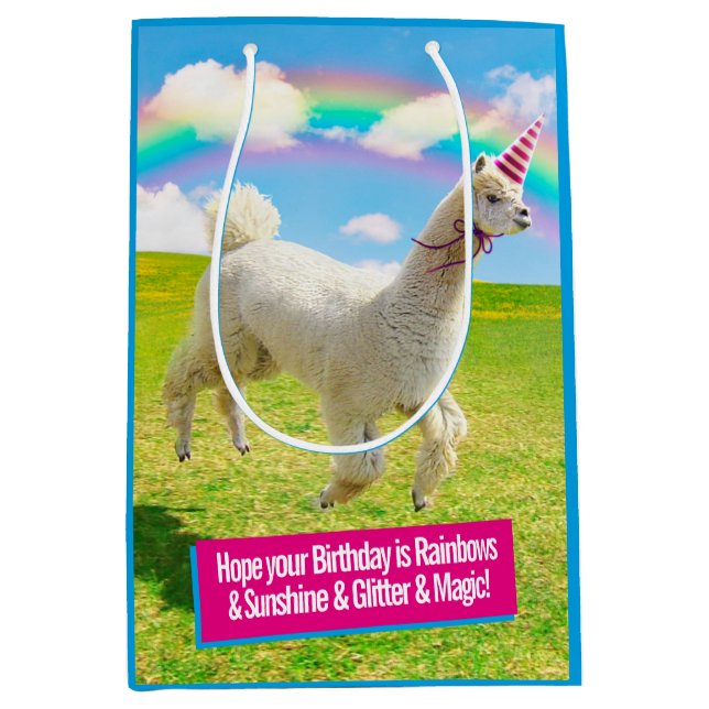 Alpaca Unicorn Under Rainbow Sky Medium Gift Bag (Front)
