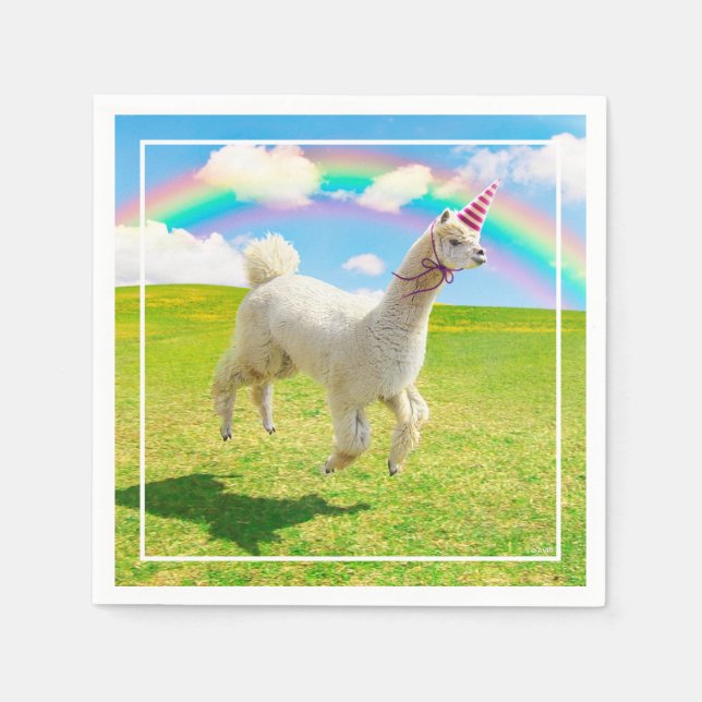 Alpaca Unicorn Under Rainbow Sky Napkin (Front)