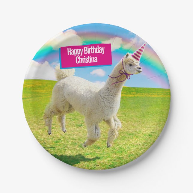 Alpaca Unicorn Under Rainbow Sky Paper Plate (Front)