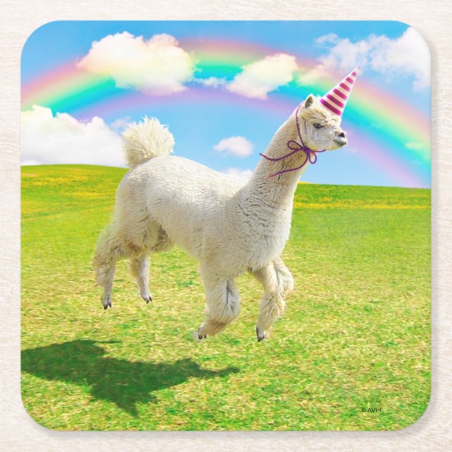 Alpaca Unicorn Under Rainbow Sky Square Paper Coaster (Front)