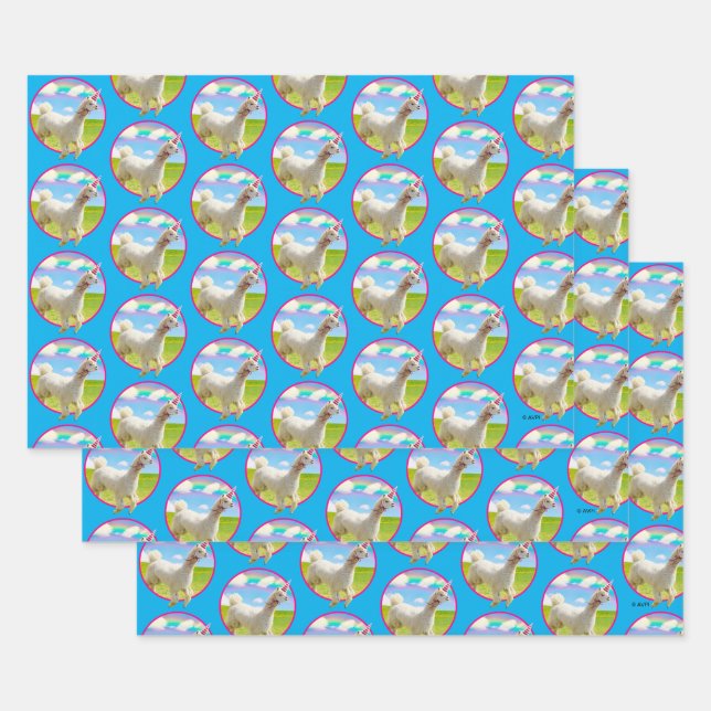 Alpaca Unicorn Under Rainbow Sky Wrapping Paper Sheet (Set)