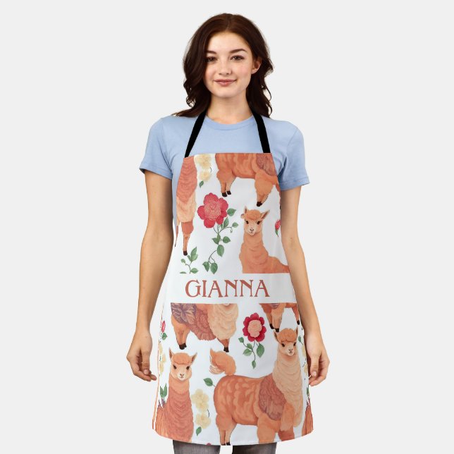 Alpaca Watercolor Colourful Personalized Pattern Apron (Worn)