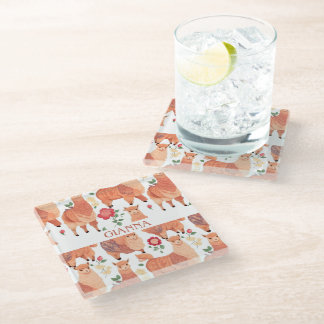 Alpaca Watercolor Colourful Personalized Pattern Glass Coaster