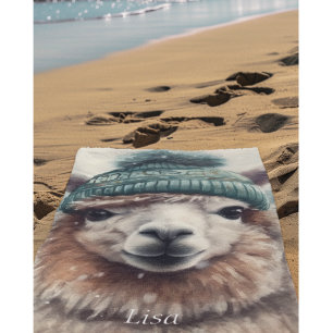 Alpaca wearing blue beanie, customizable  beach towel