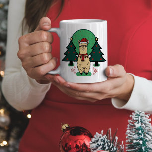 Alpaca wearing Christmas hat with Christmas Trees Coffee Mug