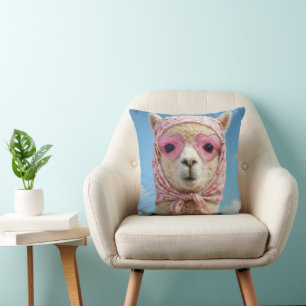 Alpaca Wearing Head Scarf and Sunglasses Throw Pillow