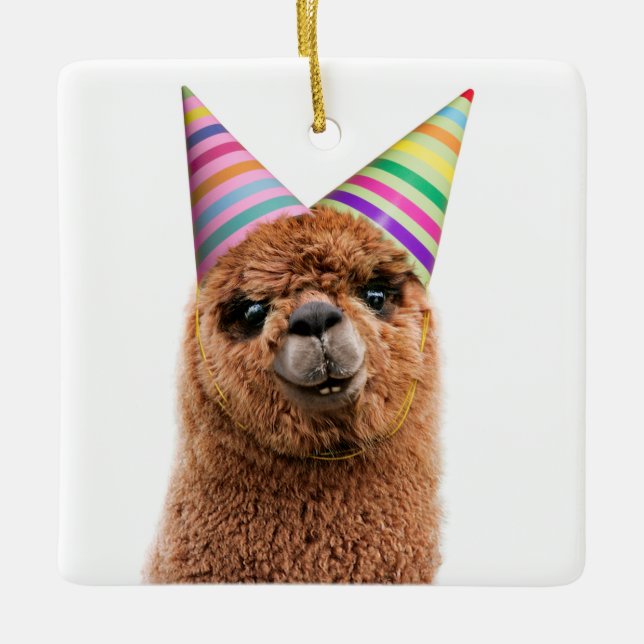 Alpaca Wearing Party Hats Ceramic Ornament (Front)