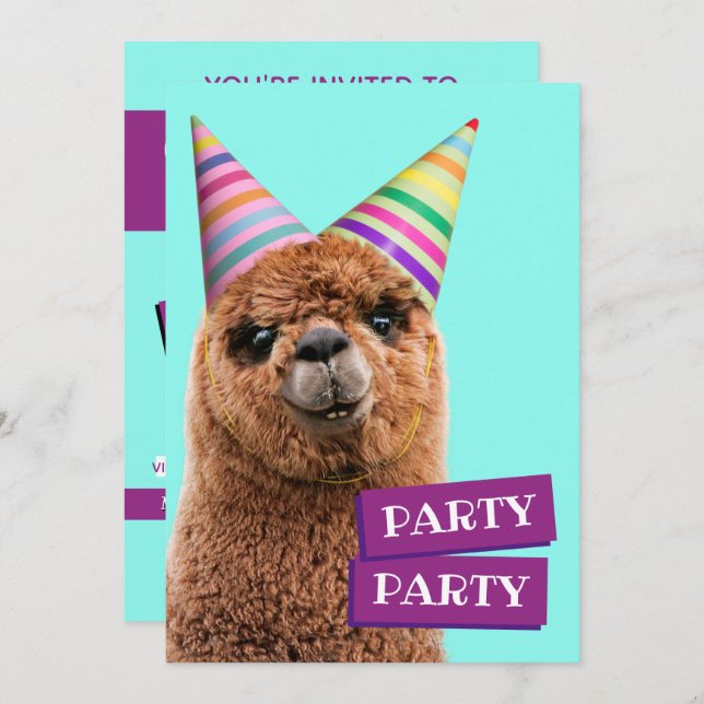 Alpaca Wearing Party Hats Invitation (Front/Back)