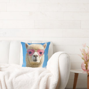 Alpaca Wearing Pink Heart-shaped Glasses Throw Pillow