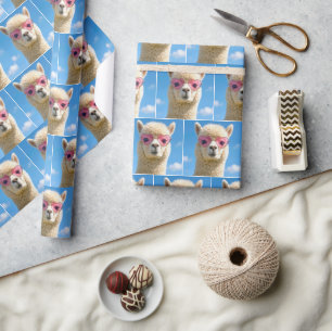 Alpaca Wearing Pink Heart-shaped Glasses Wrapping Paper