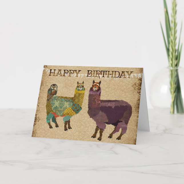 Alpacas & Teal Owl Birthday  Card (Front)
